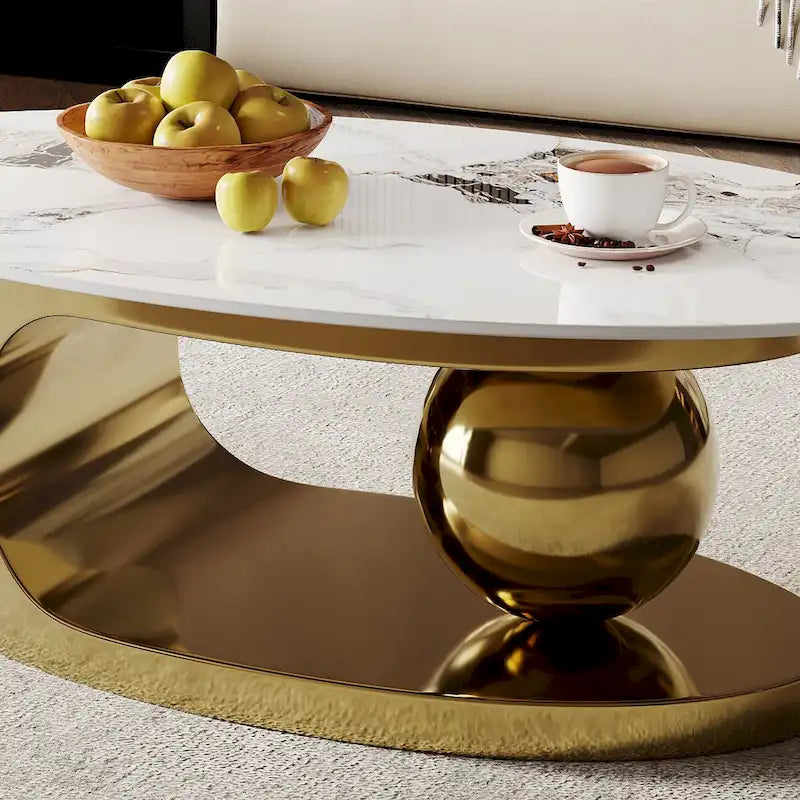 Table basse ovale moderne Pandora 51 avec plateau en pierre frittée brillante, table basse de luxe, pieds en acier inoxydable pour salon