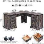 Bureau d'angle exécutif en forme de L 60 Farmhouse, bureau d'angle en bois, bureau d'ordinateur