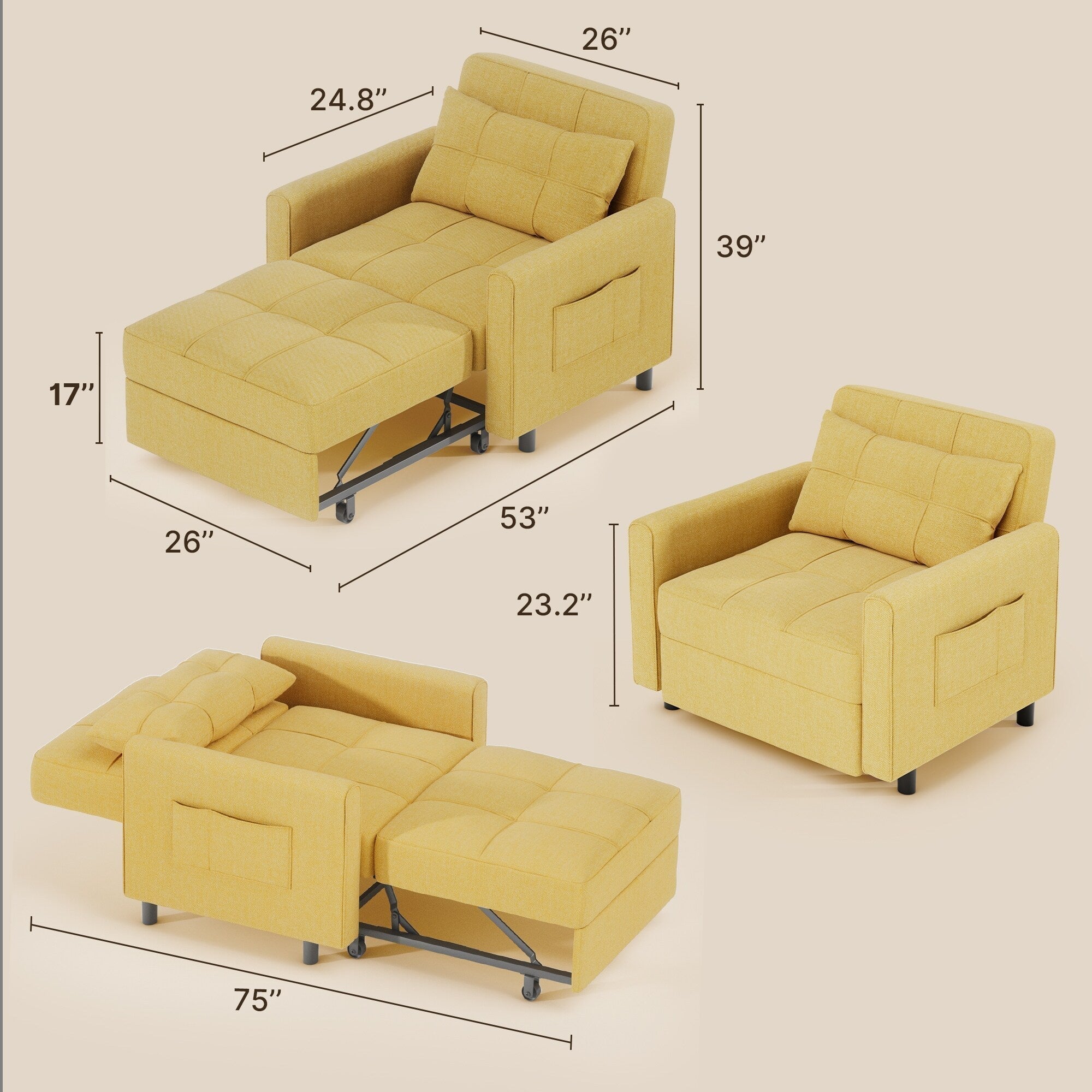 Canapé-lit convertible 3-en-1, Canapé-chaise dépliable, Lit pliant convertible pour salon