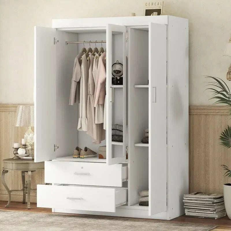 Armoire penderie 3 portes avec miroirs, étagères et 2 tiroirs