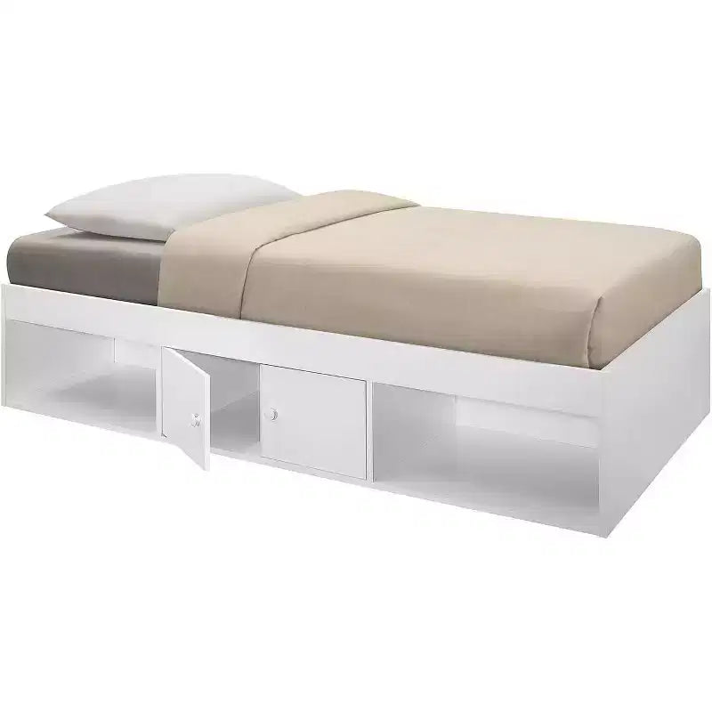 Lit Plateforme en Bois Taille Jumeau avec Rangement, Blanc - Meuble de Chambre Durable et Fonctionnel