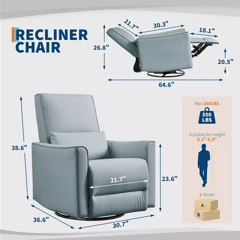 Fauteuil inclinable à bascule pivotant à 360°, fauteuil à bascule planeur, fauteuil inclinable en similicuir rembourré, fauteuil inclinable manuel avec support lombaire