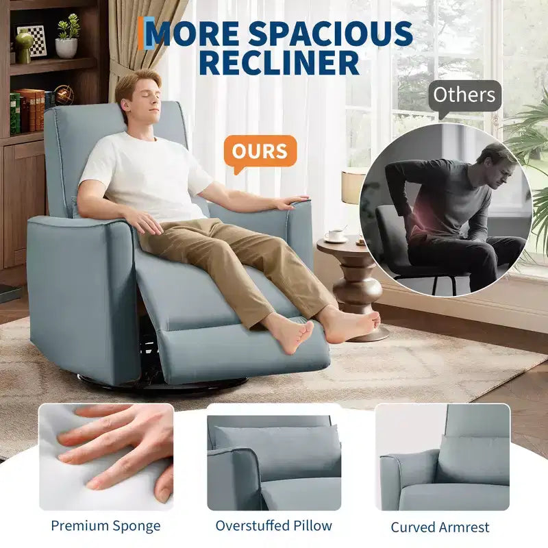 Fauteuil inclinable à bascule pivotant à 360°, fauteuil à bascule planeur, fauteuil inclinable en similicuir rembourré, fauteuil inclinable manuel avec support lombaire