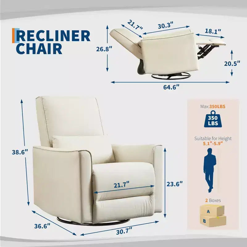 Fauteuil inclinable à bascule pivotant à 360°, fauteuil à bascule planeur, fauteuil inclinable en similicuir rembourré, fauteuil inclinable manuel avec support lombaire