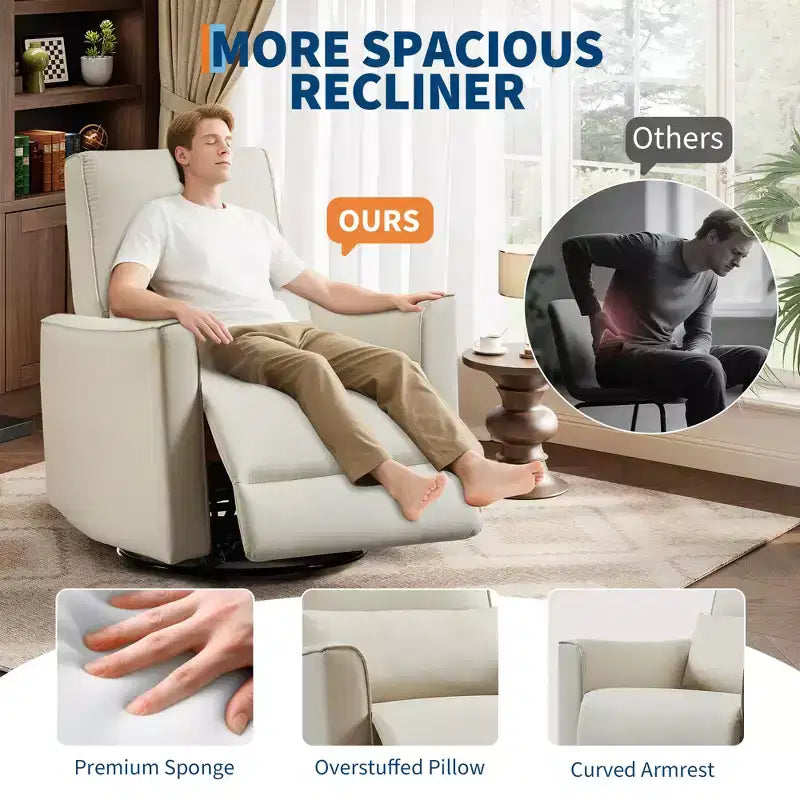 Fauteuil inclinable à bascule pivotant à 360°, fauteuil à bascule planeur, fauteuil inclinable en similicuir rembourré, fauteuil inclinable manuel avec support lombaire