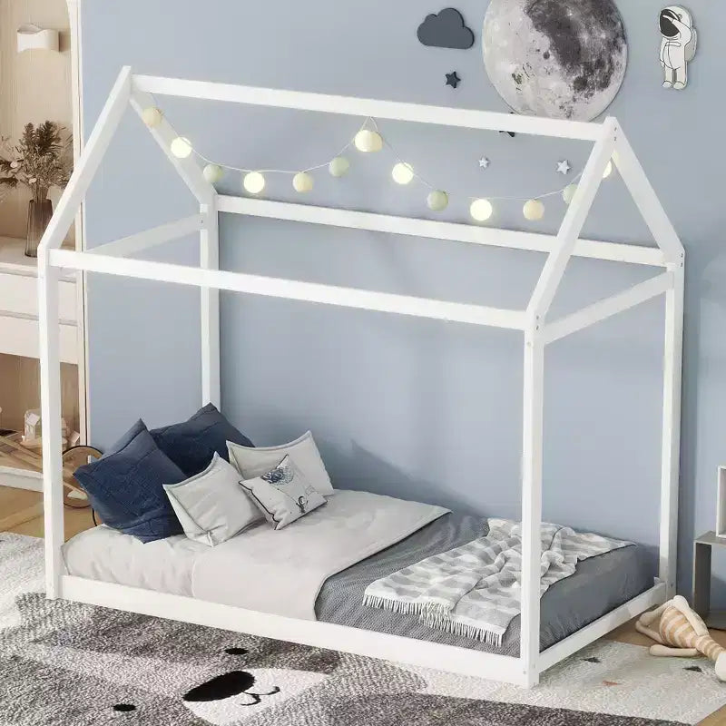 Lit plateforme en bois en forme de maison, taille double
