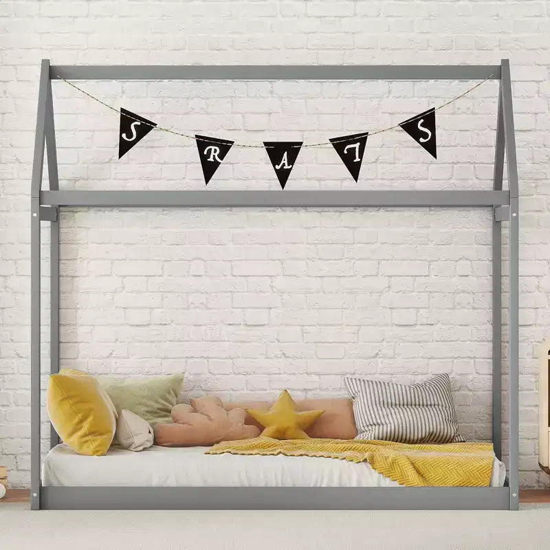 Lit plateforme en bois en forme de maison, taille double