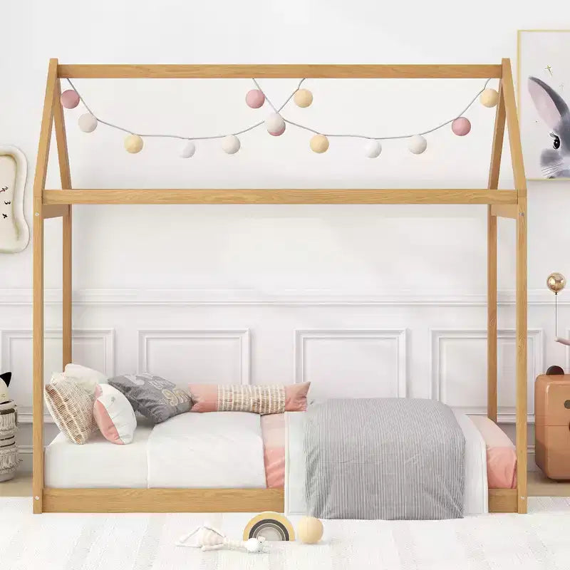 Lit plateforme en bois en forme de maison, taille double