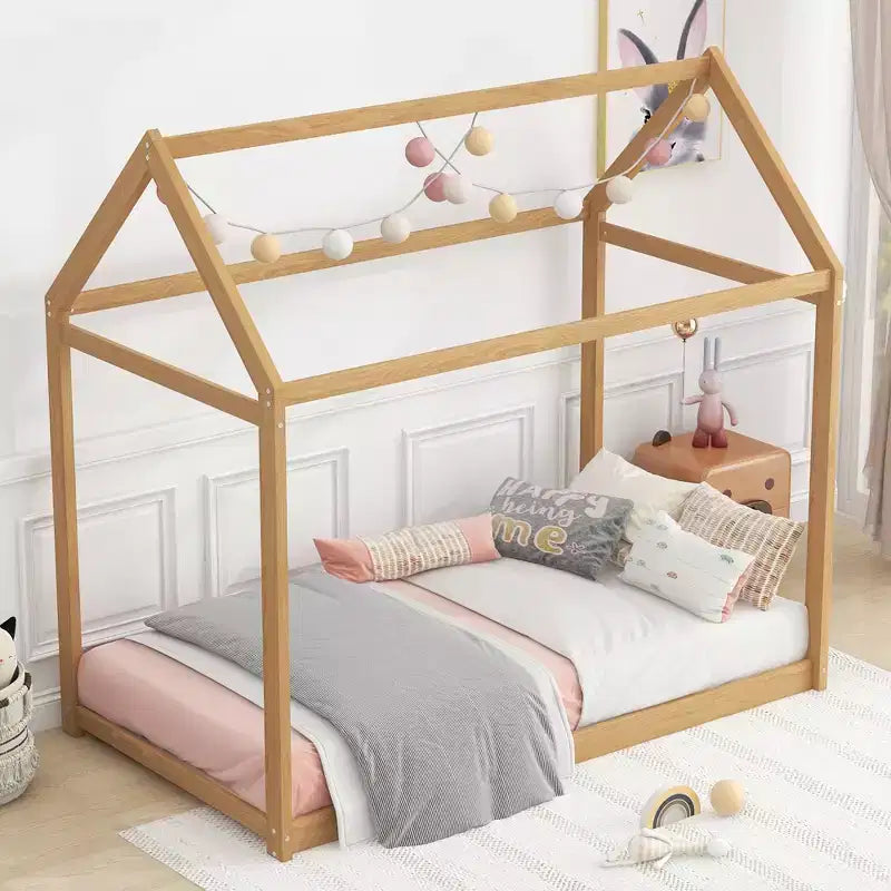 Lit plateforme en bois en forme de maison, taille double