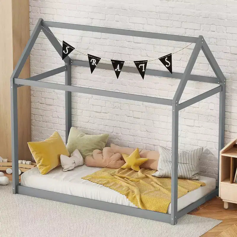 Lit plateforme en bois en forme de maison, taille double