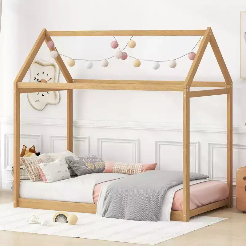 Lit plateforme en bois en forme de maison, taille double