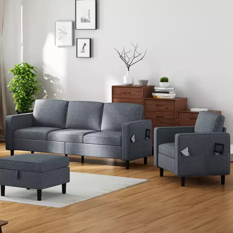 Canapé convertible 3 places en lin avec pouf de rangement et fauteuil simple avec poche latérale