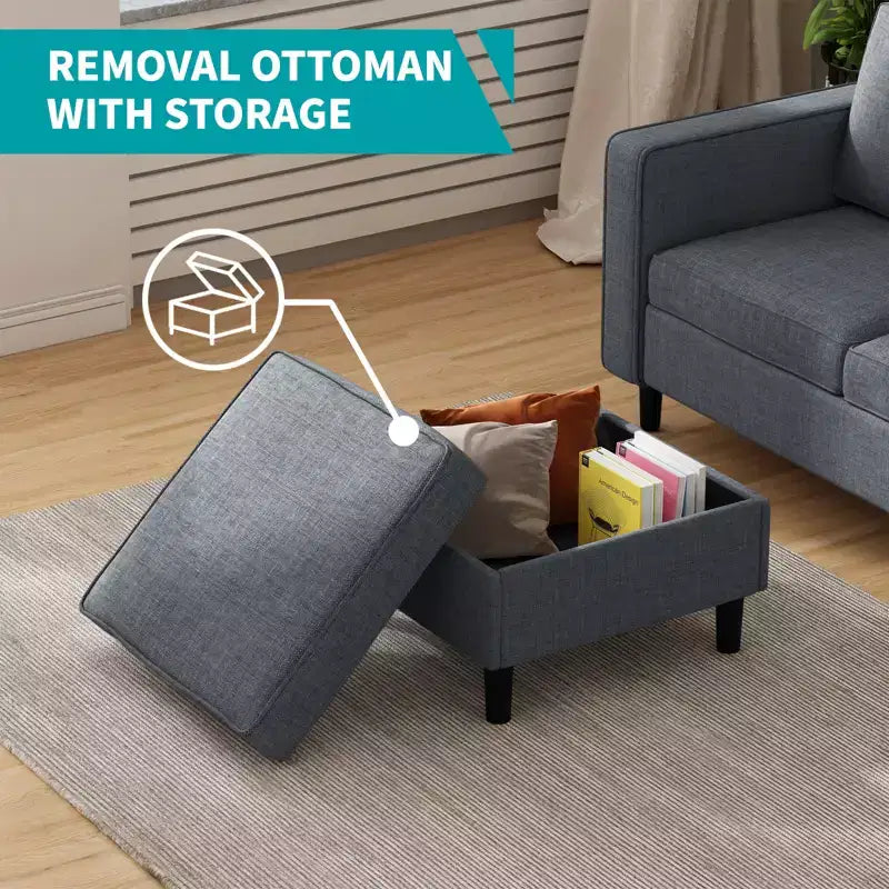 Canapé convertible 3 places en lin avec pouf de rangement et fauteuil simple avec poche latérale