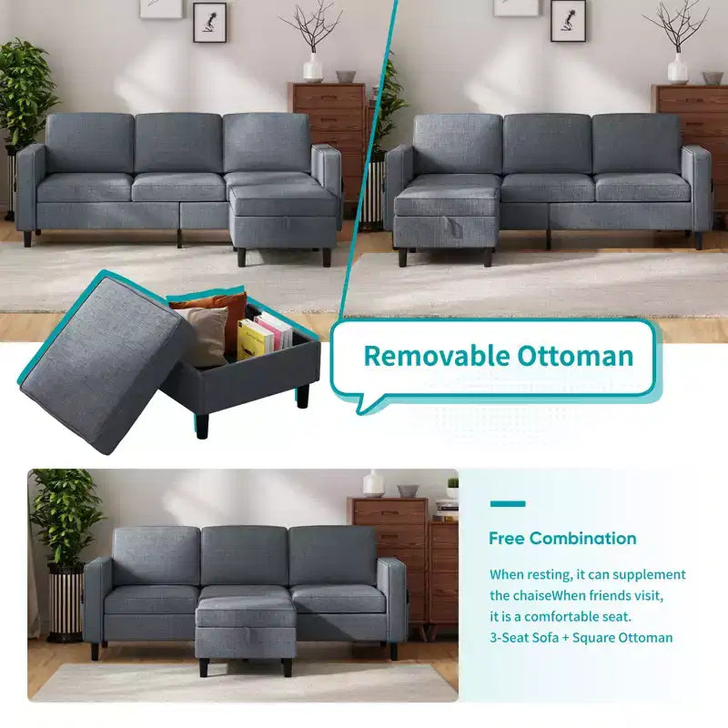 Canapé convertible 3 places en lin avec pouf de rangement et fauteuil simple avec poche latérale