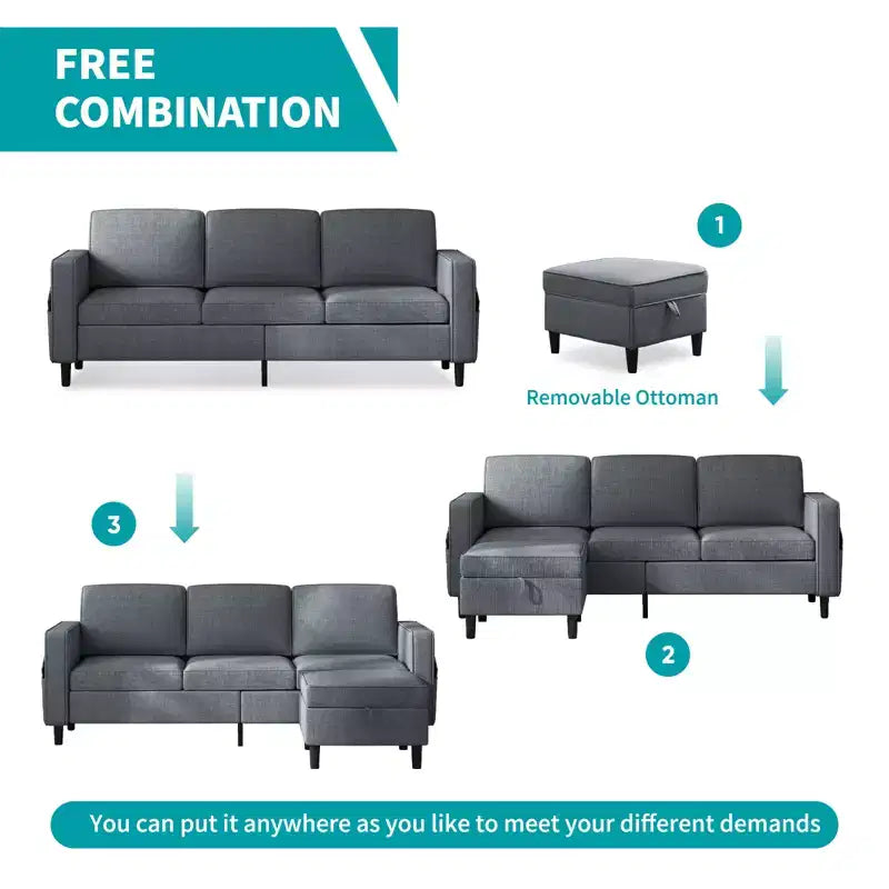 Canapé convertible 3 places en lin avec pouf de rangement et fauteuil simple avec poche latérale