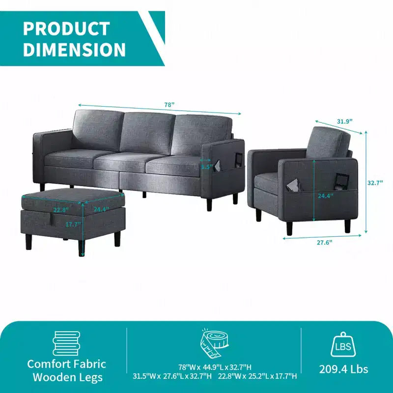 Canapé convertible 3 places en lin avec pouf de rangement et fauteuil simple avec poche latérale