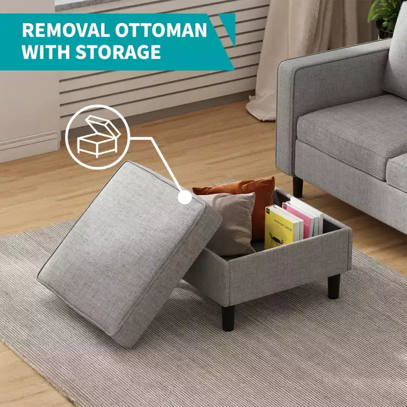 Canapé convertible 3 places en lin avec pouf de rangement et fauteuil simple avec poche latérale