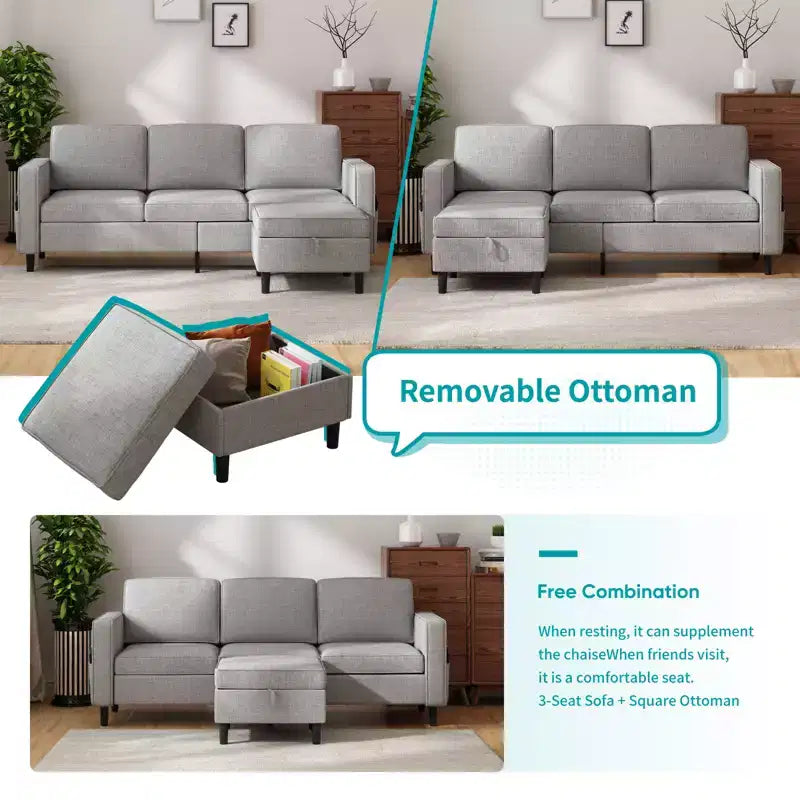 Canapé convertible 3 places en lin avec pouf de rangement et fauteuil simple avec poche latérale
