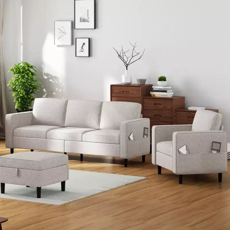 Canapé convertible 3 places en lin avec pouf de rangement et fauteuil simple avec poche latérale