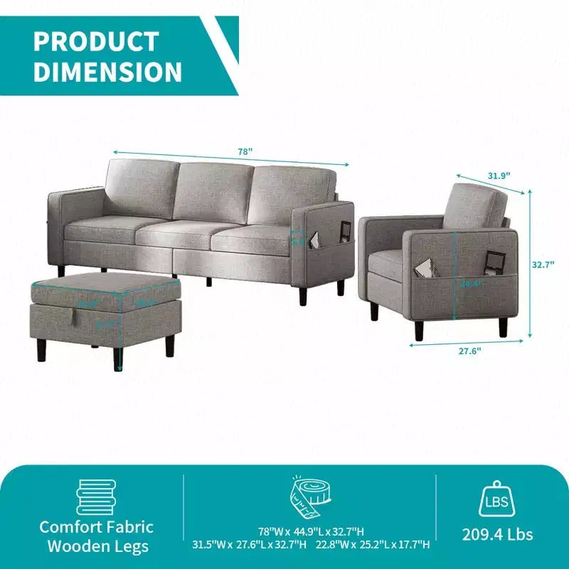 Canapé convertible 3 places en lin avec pouf de rangement et fauteuil simple avec poche latérale