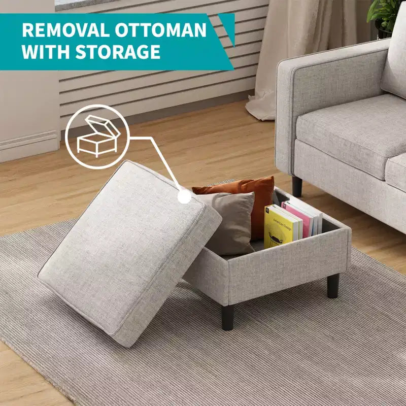 Canapé convertible 3 places en lin avec pouf de rangement et fauteuil simple avec poche latérale