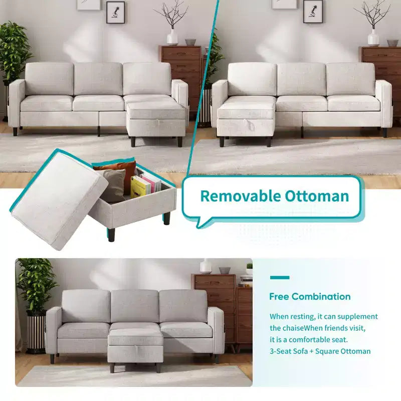 Canapé convertible 3 places en lin avec pouf de rangement et fauteuil simple avec poche latérale