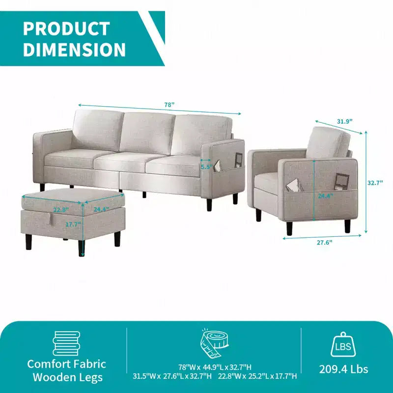 Canapé convertible 3 places en lin avec pouf de rangement et fauteuil simple avec poche latérale
