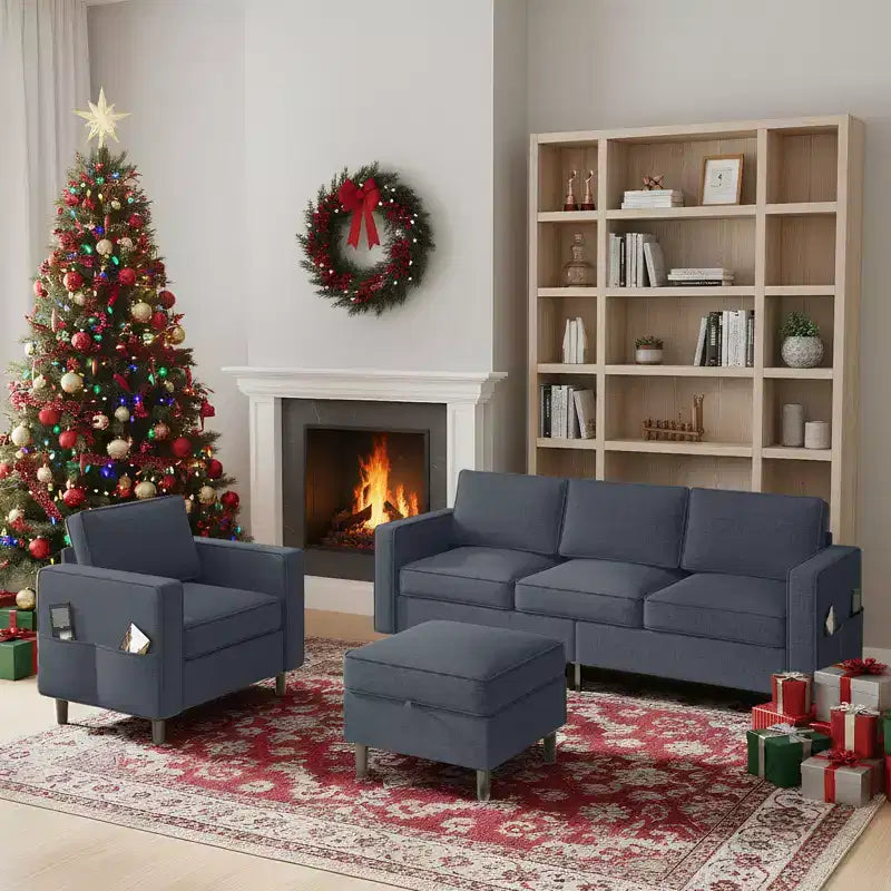 Canapé convertible 3 places en lin avec pouf de rangement et fauteuil simple avec poche latérale