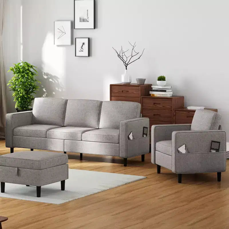 Canapé convertible 3 places en lin avec pouf de rangement et fauteuil simple avec poche latérale