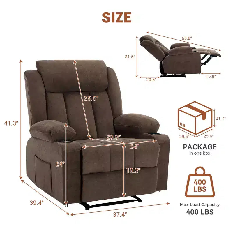 Fauteuil inclinable, Canapé inclinable manuel avec massage et chaleur, Fauteuil à bascule surrembourré avec poches latérales, poches avant et porte-gobelet pour salon