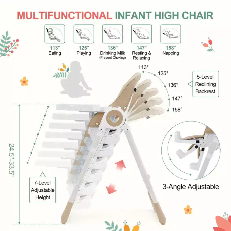 Chaises hautes pliantes pour bébés et tout-petards avec plateau amovible, chaises hautes légères pour bébés, harnais de sécurité 5 points, plusieurs positions d'inclinaison