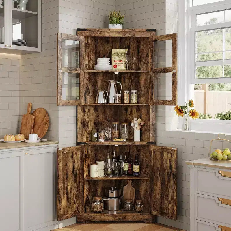 Meuble de rangement d'angle haut de 170 cm avec éclairage, vaisselier d'angle de style rustique avec portes vitrées, organisateur de rangement en bois pour cuisine, salle de bain