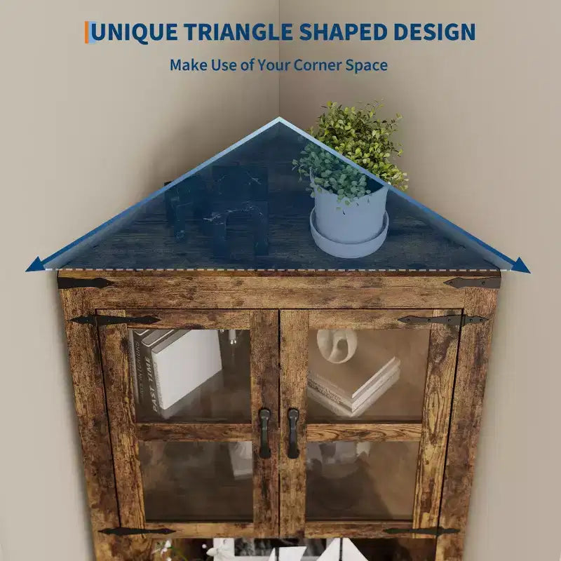 Meuble de rangement d'angle haut de 170 cm avec éclairage, vaisselier d'angle de style rustique avec portes vitrées, organisateur de rangement en bois pour cuisine, salle de bain
