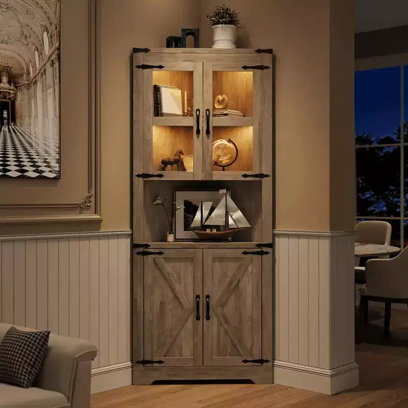 Meuble de rangement d'angle haut de 170 cm avec éclairage, vaisselier d'angle de style rustique avec portes vitrées, organisateur de rangement en bois pour cuisine, salle de bain