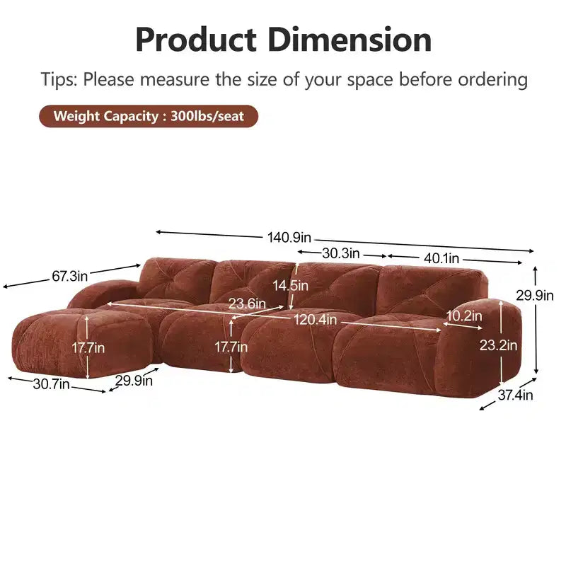 Tissu en velours doux en forme de L, dessous en éponge haute densité 32D, dessous ergonomique, conception antidérapante, ottoman mobile gratuit