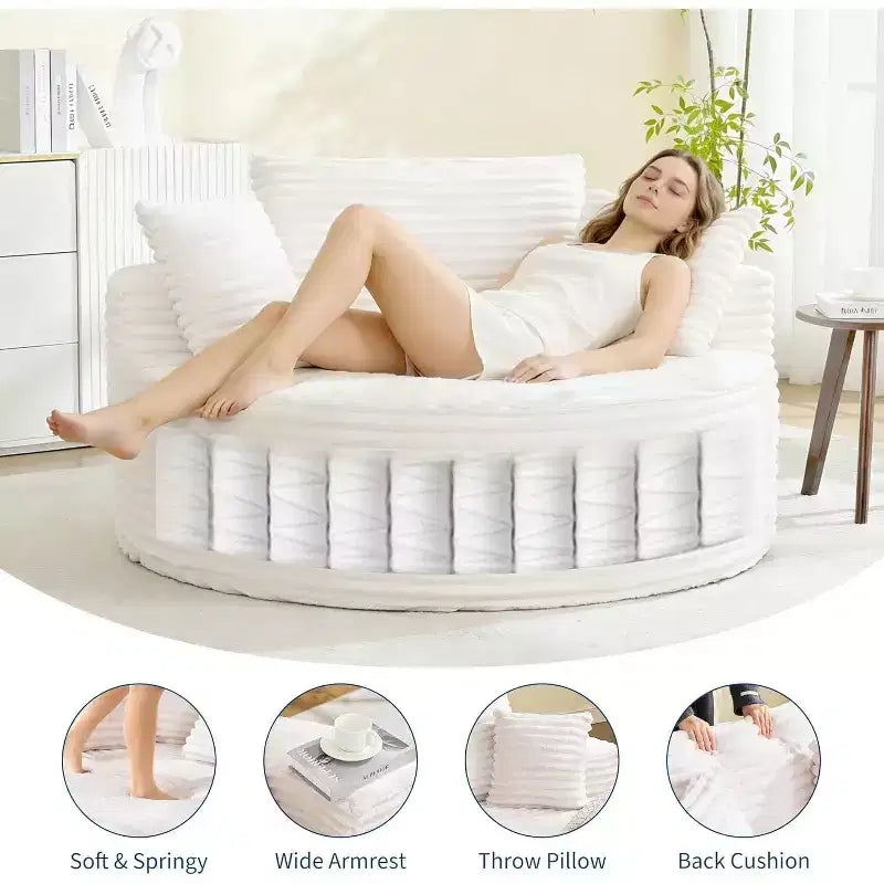 Chauffeuse ronde, canapé d'intérieur surdimensionné en velours côtelé de 140x140 cm, canapé nuage sans structure avec 4 oreillers, siège profond pour la maison ou le bureau