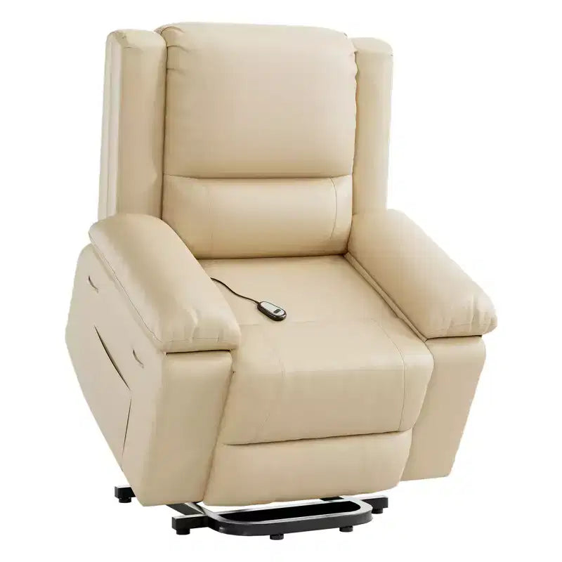 Fauteuil releveur inclinable électrique pour seniors, avec massage chauffant, télécommande, en cuir PU, poches latérales, beige