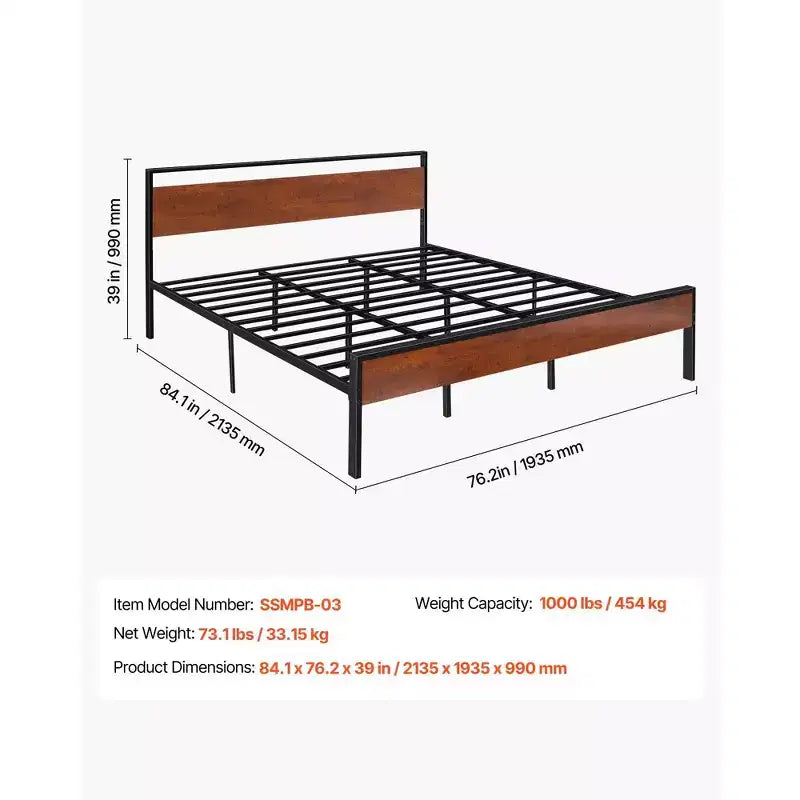 Cadre de lit King avec tête et pied de lit en bois, 35,5 cm, capacité de 450 kg, noir