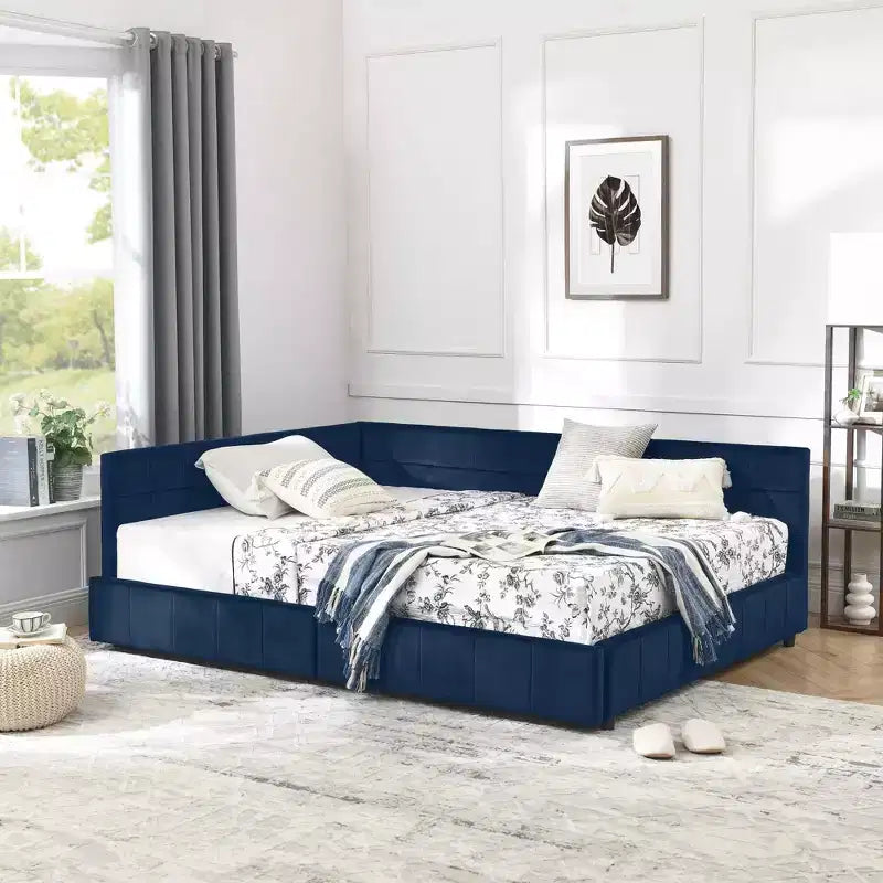 Lit capitonné pleine grandeur avec rangement, dossier et accoudoirs pour chambre et salon, bleu foncé