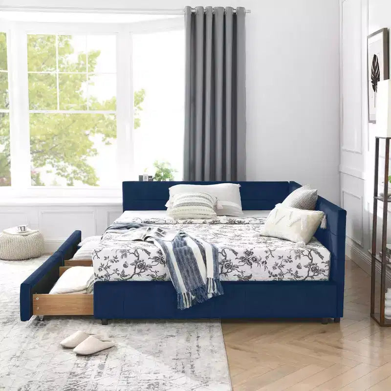 Lit capitonné pleine grandeur avec rangement, dossier et accoudoirs pour chambre et salon, bleu foncé