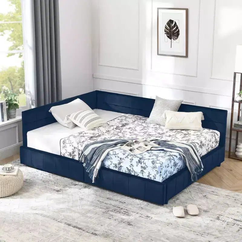 Lit capitonné pleine grandeur avec rangement, dossier et accoudoirs pour chambre et salon, bleu foncé