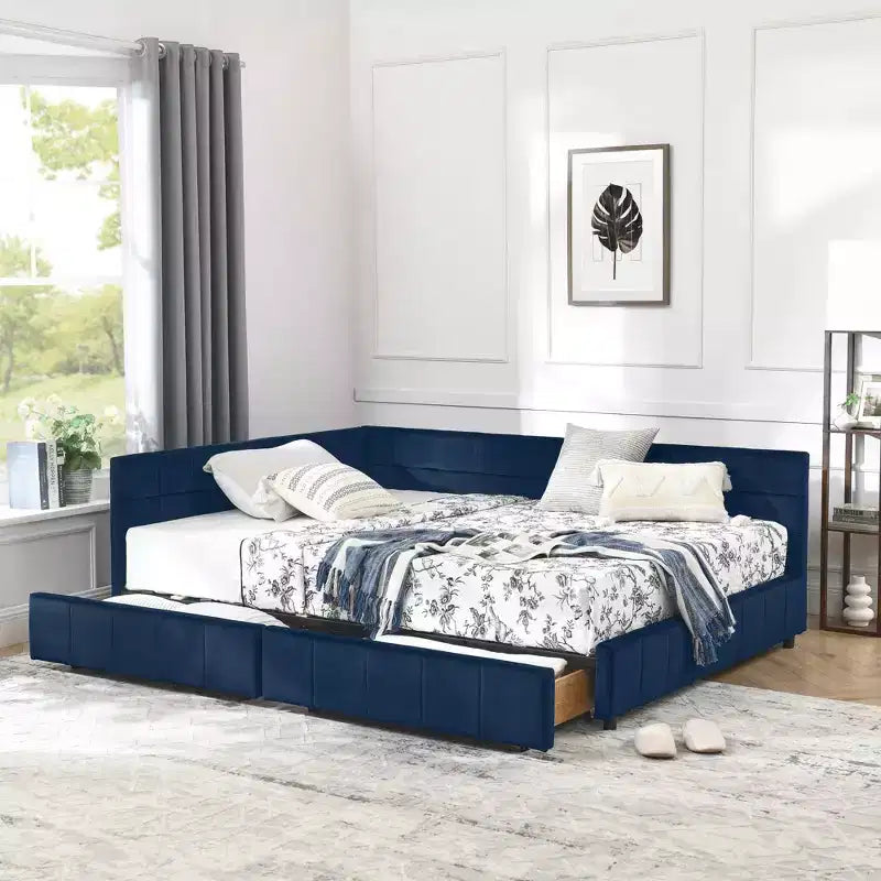 Lit capitonné pleine grandeur avec rangement, dossier et accoudoirs pour chambre et salon, bleu foncé