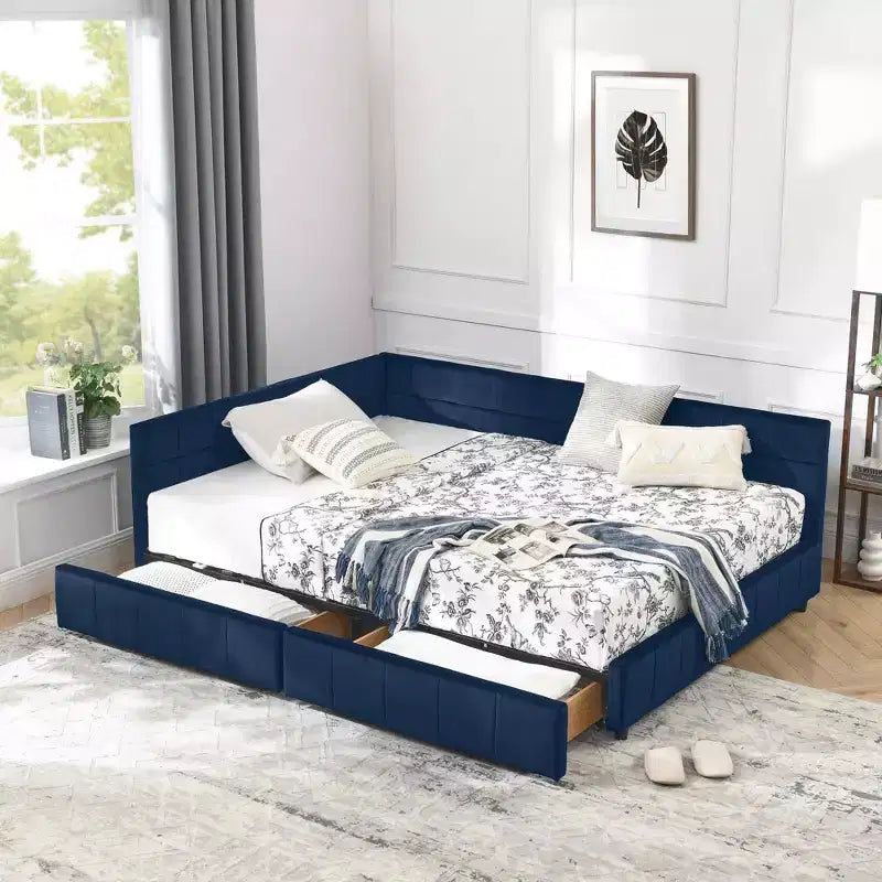 Lit capitonné pleine grandeur avec rangement, dossier et accoudoirs pour chambre et salon, bleu foncé