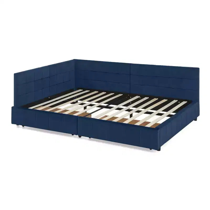Lit capitonné pleine grandeur avec rangement, dossier et accoudoirs pour chambre et salon, bleu foncé