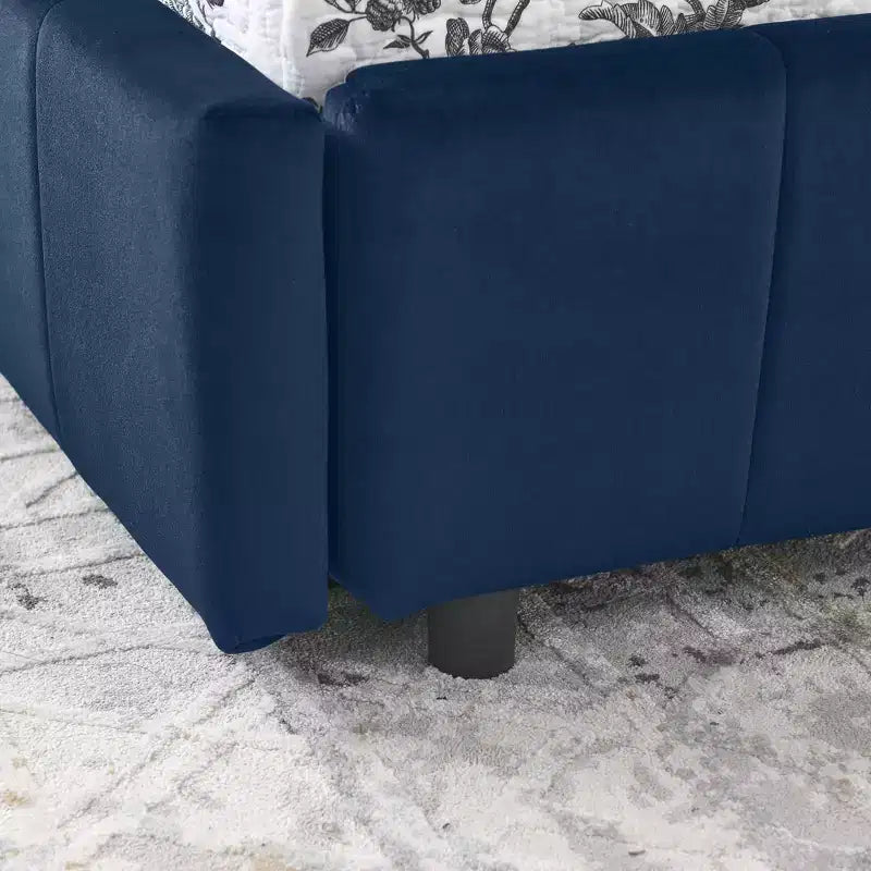 Lit capitonné pleine grandeur avec rangement, dossier et accoudoirs pour chambre et salon, bleu foncé