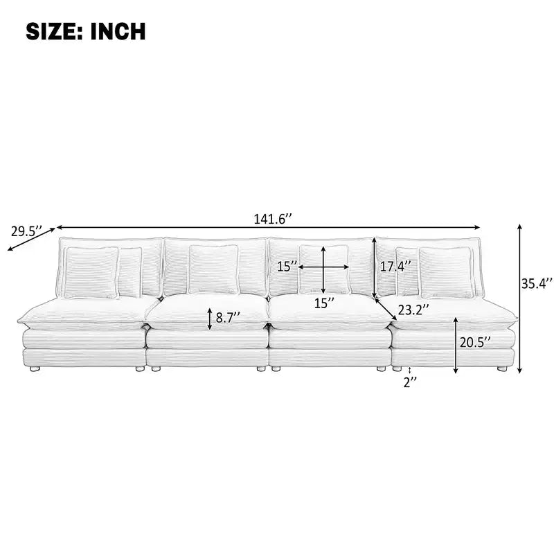 141.6 Canapé modulaire moderne en velours côtelé avec quatre oreillers pour salon Gris