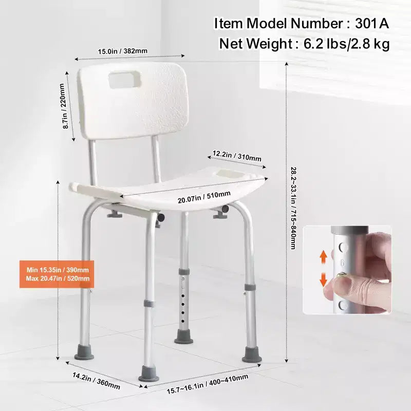 Chaise de douche avec dossier, siège de douche réglable en hauteur pour l'intérieur de la douche et la baignoire, chaise de bain antidérapante, capacité de 158 kg