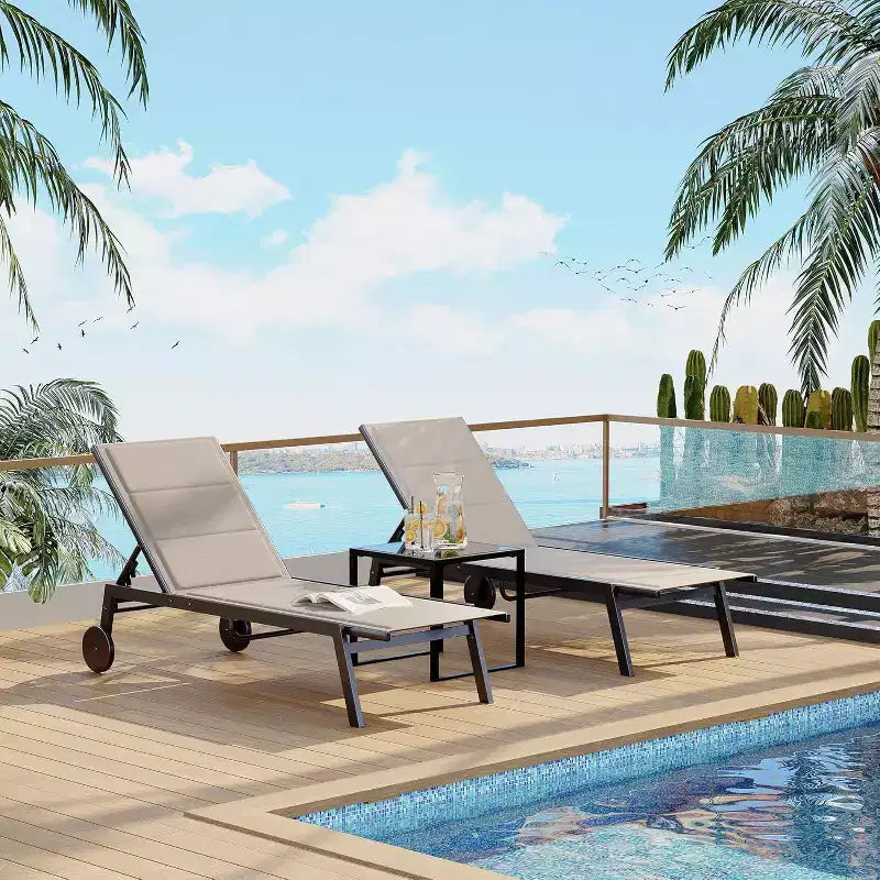 2 chaises longues de patio en textile avec table d'appoint, dossier réglable, transats de piscine sur roulettes, chaises longues pour piscine extérieure, cour, pelouse