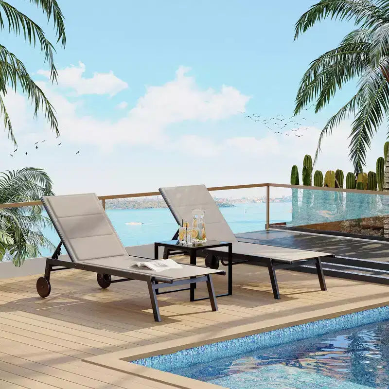 2 chaises longues de patio en textile avec table d'appoint, dossier réglable, transats de piscine sur roulettes, chaises longues pour piscine extérieure, cour, pelouse