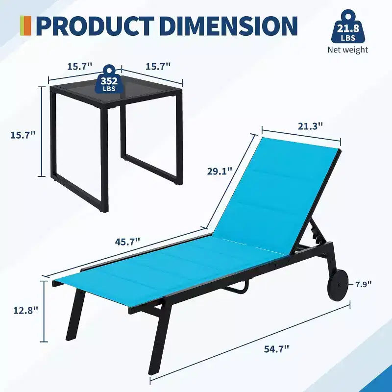 2 chaises longues de patio en textile avec table d'appoint, dossier réglable, transats de piscine sur roulettes, chaises longues pour piscine extérieure, cour, pelouse